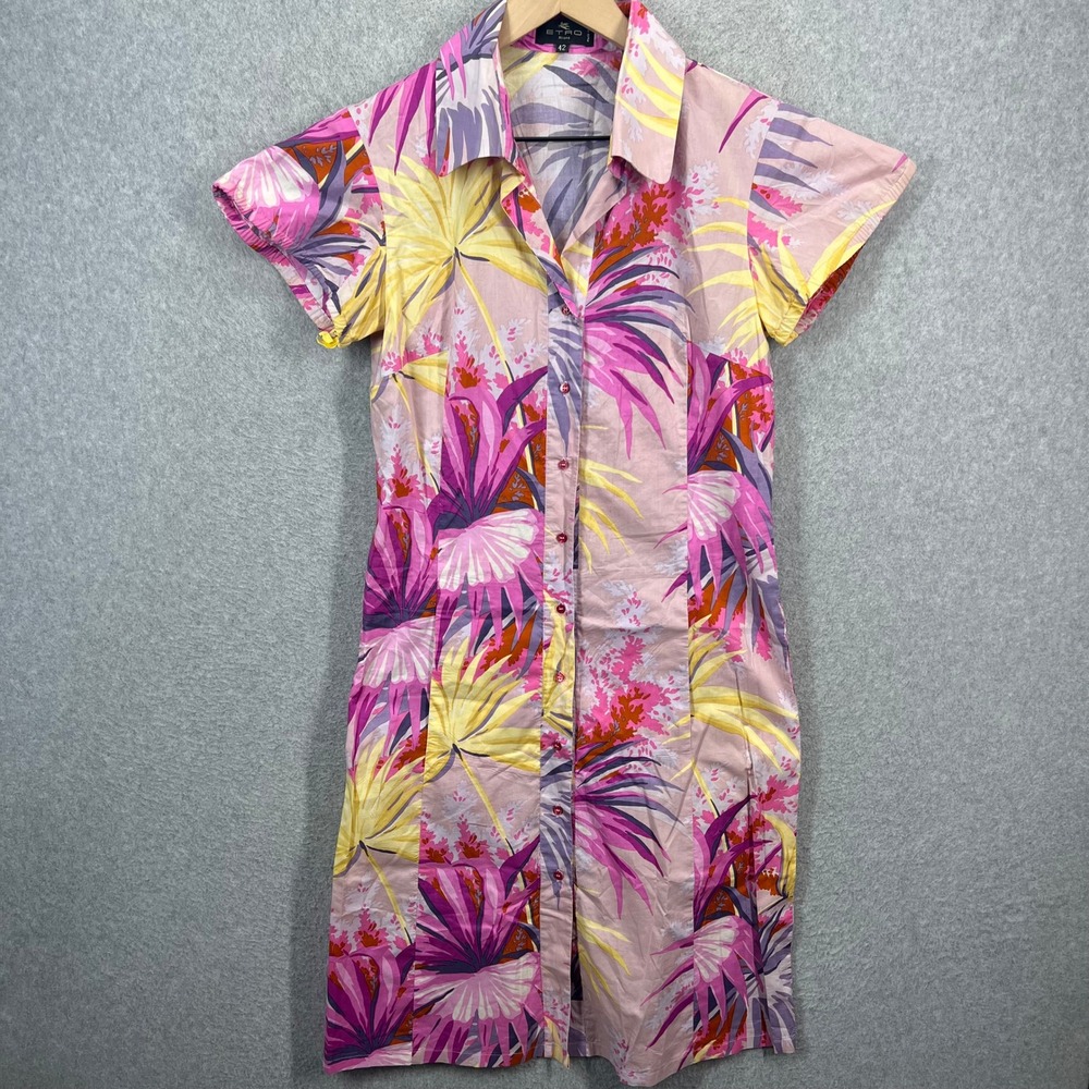 Etro Shirt Dress Womens 42 Pink Tropical Palm Floral Button Front Short Sleeve